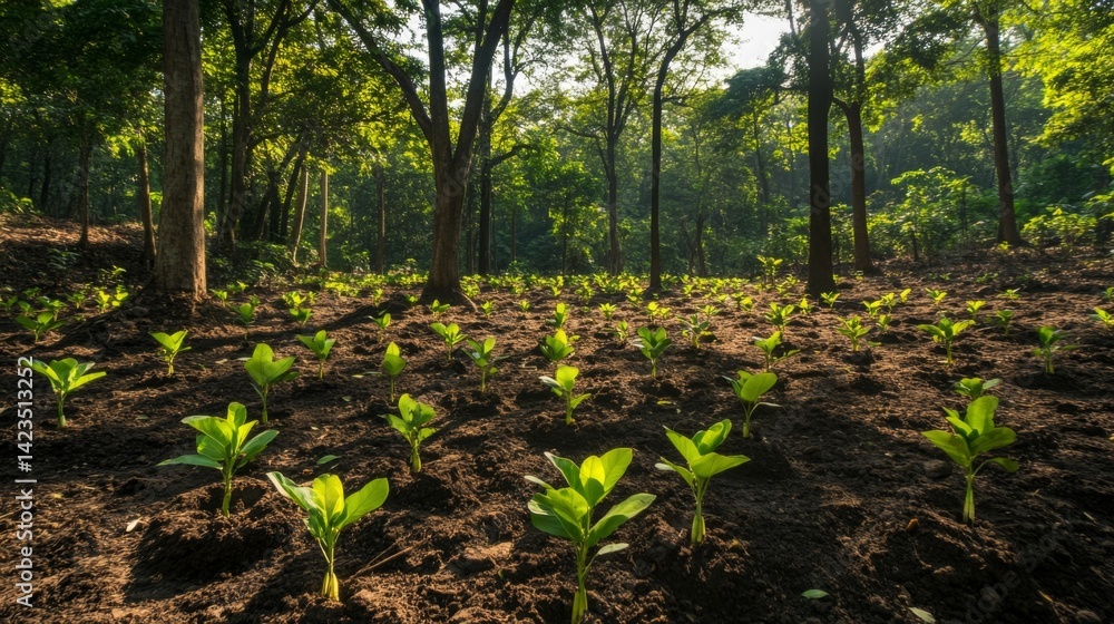 Poster a lush forest clearing with freshly planted saplings surrounded by older trees, showcasing the progr