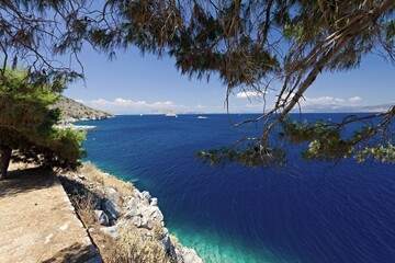 View from Hydra island to the Aegean sea, Dokos island and the Peloponnese peninsula. Greece. Europe.