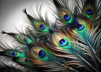 Obraz premium Stunning Peacock Feathers on Black and White Background - Elegant Nature Stock Photo