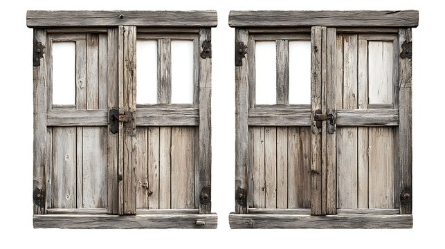 Fototapeta Two Weathered Wooden Doors with Windows Create a Rustic Architectural Detail