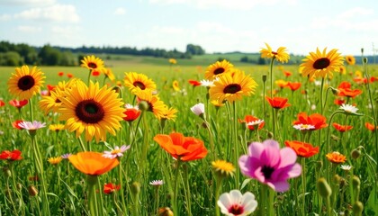 Obraz premium Vibrant wildflowers meadow under a clear sky, summer bloom scenic beauty