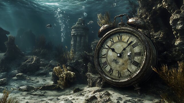 Old Alarm Clock Resting on Ocean Floor with Ancient Ruin