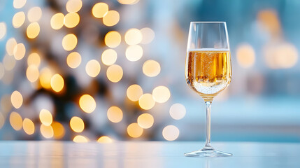 A celebratory glass of sparkling wine against a shimmering, festive backdrop of warm, golden bokeh lights.