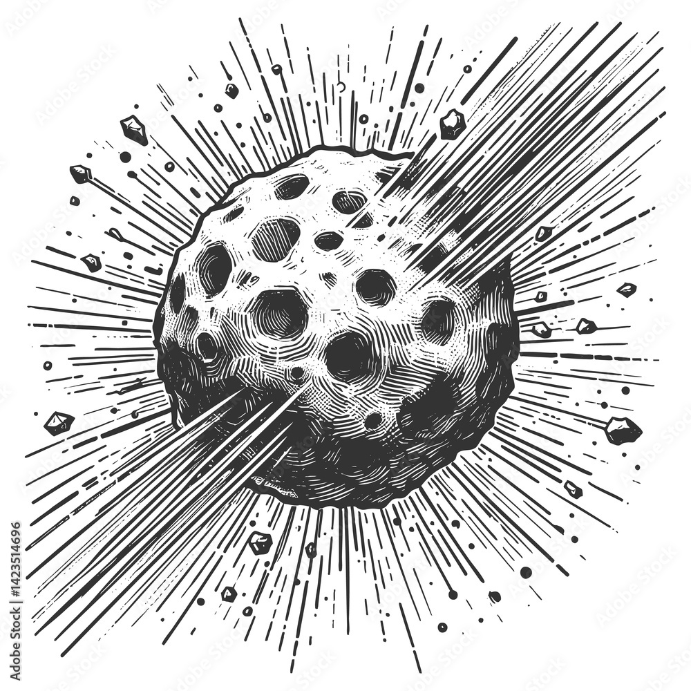 Poster asteroid traveling through outer space with dynamic motion lines, stars, and cosmic debris sketch en