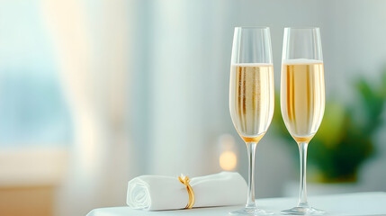 A celebratory toast of golden champagne, elegantly presented with crisp white linens and a soft, blurred background, perfect for a romantic occasion.