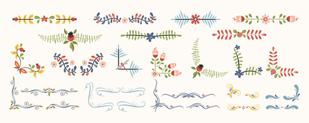 Folk decorative corners and monograms clip arts vector set in Scandinavian style, hygge isolated designs on white. Collection of folkloric floral elements - branches, flowers, leaves