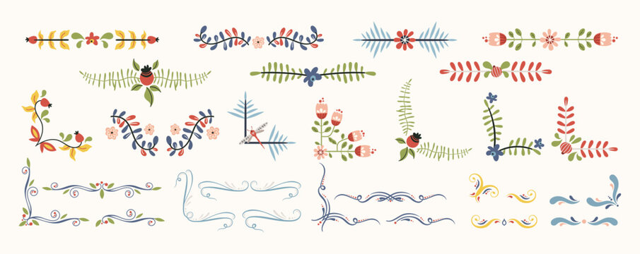 Folk decorative corners and monograms clip arts vector set in Scandinavian style, hygge isolated designs on white. Collection of folkloric floral elements - branches, flowers, leaves