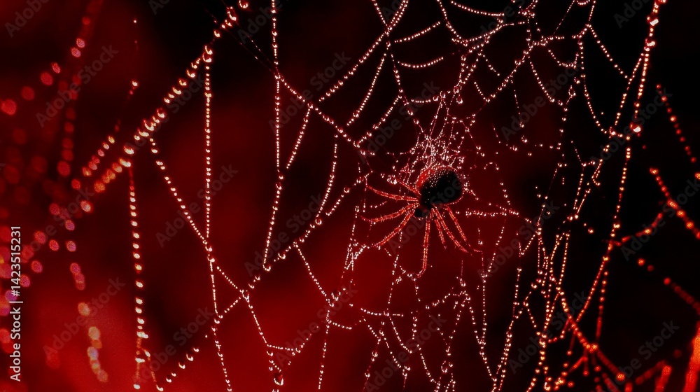 Aufkleber A macro view of a spider weaving its web in the early morning light, with dew droplets clinging to the silk threads, creating a mesmerizing scene