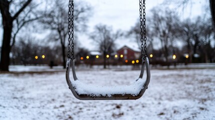 Empty swing draped in snow, surrounded by winter trees and soft