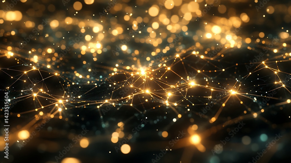 Poster connecting golden network with glowing nodes abstract technology backdrop