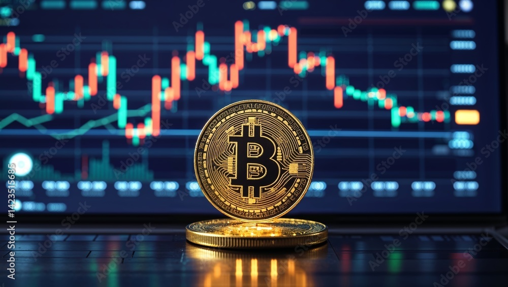 Poster cryptocurrency trading display with bitcoin and price charts in a digital environment