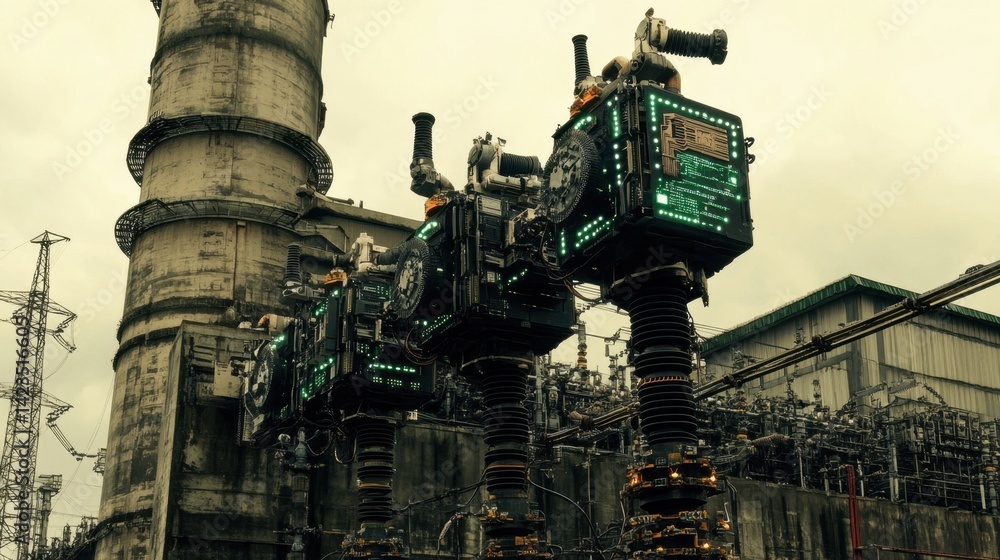 Poster circuit board overlay on image of modern power facility to symbolize smart grid