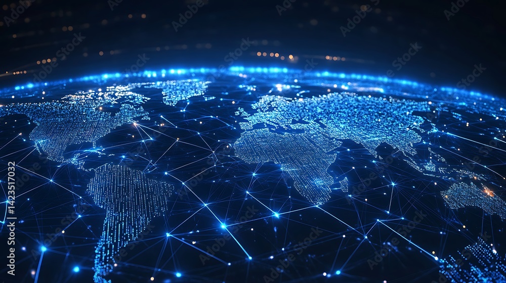 Poster global digital network connecting continents with glowing lines and lights