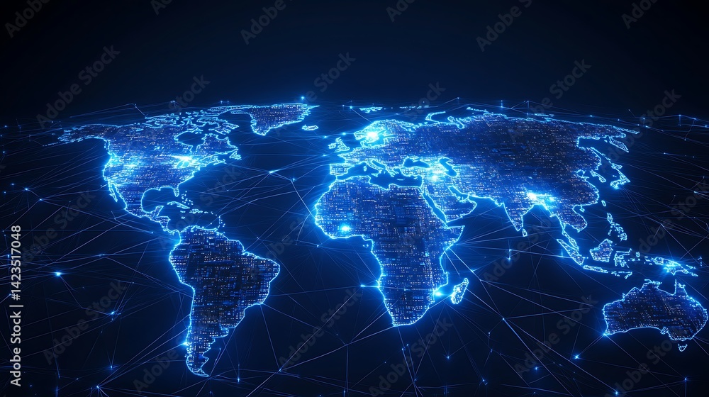 Poster illuminated world map with global network connections on dark background