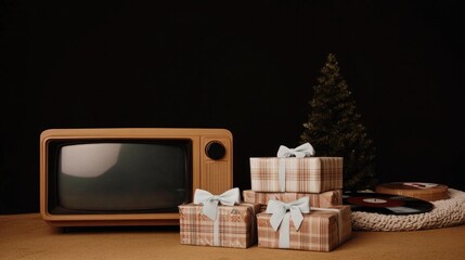 Retro television paired with wrapped gifts creates nostalgic hol