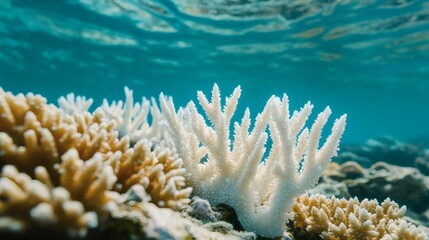 Underwater coral reef scene, bleaching visible, ocean background, environmental conservation