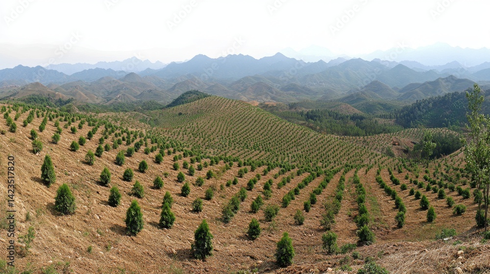 Poster a panoramic view of a hillside covered in small, newly planted trees, with mountains in the distance