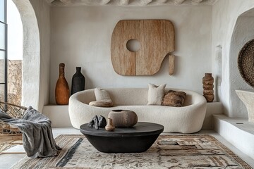 interior of a hotel room，A minimalist setting and white vases, set against an abstract beige wall with a textured pattern