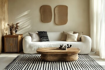 living room interior with sofa，A minimalist setting and white vases, set against an abstract beige wall with a textured pattern