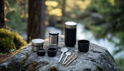 Reusable utensils and metal containers on rock in nature, showcasing eco friendly dining
