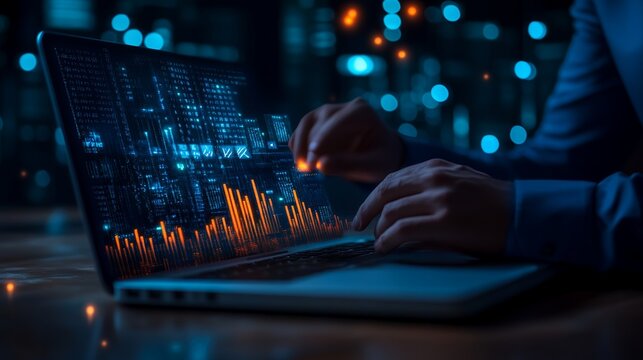 Analyzing Stock Market Data on Laptop with Financial Charts Displayed