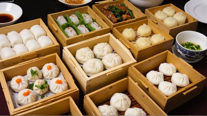 An Array of Asian Delights: Steamed Buns, Dumplings, and Savory Dishes Presented in Rustic Wooden Steamer Boxes.