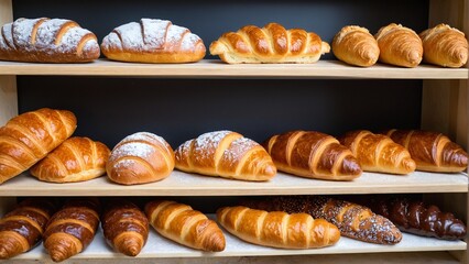 A Delightful Display of Baked Goods: Fresh Loaves, Flaky Croissants, and Powdered Breads on Wooden Shelves.