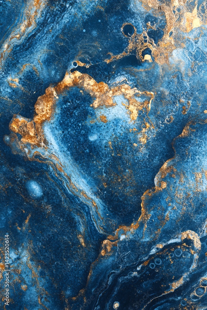 Poster blue and gold liquid acrylic painting creating abstract background with cells and swirls