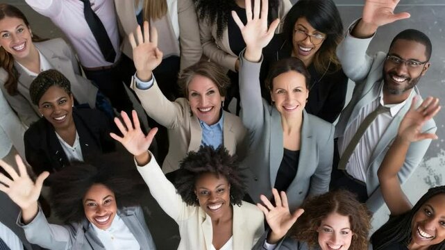 Above View of Enthusiastic Team: An elevated perspective captures a diverse group of professionals, arms raised in a joyful wave of camaraderie and shared enthusiasm. A scene of collective happiness.