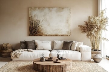 modern living room with sofa，A minimalist setting and white vases, set against an abstract beige wall with a textured pattern