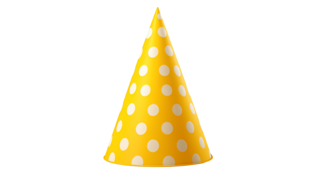 A vibrant yellow party hat with white polka dots, perfect for birthdays, celebrations, and festive events. This classic cone-shaped party accessory is ideal for kids and adults, adding fun to any occa