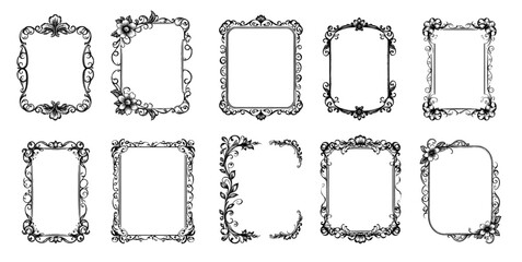 Vintage ornate decorative frames in black and white for rococo design projects.
