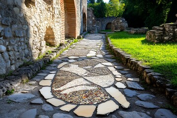 Ornate stone pathway leading through ancient ruins in sunlit garden