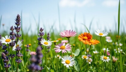 Obraz premium Vibrant wildflower meadow with daisy varieties and lavender in the sunlight