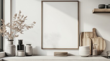 Minimalist Kitchen Decor Mockup, Dried Flowers, Wooden Accents