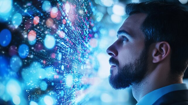 Man Observing Digital Screen with Data Visualization and Glowing Bokeh