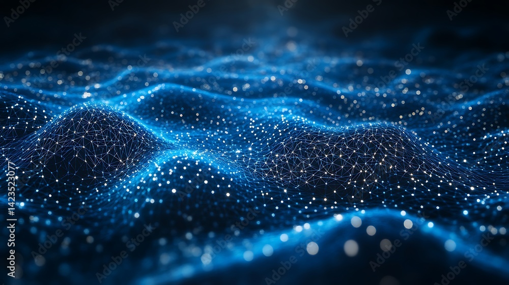 Poster abstract network structure in blue with nodes and lines illustration