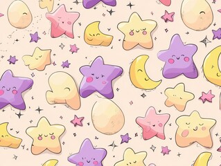 Obraz premium A whimsical, repeating pattern of smiling stars, crescent moons, and rounded shapes in pastel hues on a soft, light-colored backdrop.