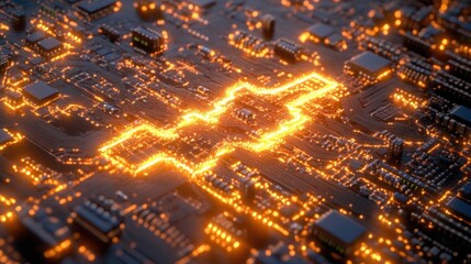 Lightning bolt symbol emerging from digital circuit board to symbolize electricity