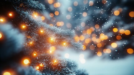 Snowy Winter Christmas Tree with Warm Lights, Festive Background