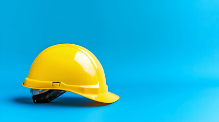 Fototapeta premium Yellow hard hat on a blue background, symbolizing safety and construction work, important for workers in construction industries.