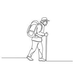 Fototapeta premium Solo hiker trekking with backpack in minimalist line art 