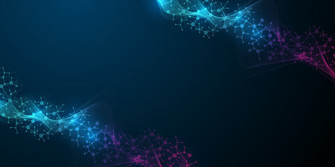 Colorful molecules background. DNA helix, DNA strand, DNA Test. Molecule or atom, neurons. Abstract structure for science or medical background, banner. Scientific illustration.