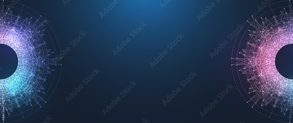 Aufkleber Scientific illustration quantum computer technology. Plexus fiction effect. Deep learning artificial intelligence. Big data algorithms visualization. Quantum explosion background.