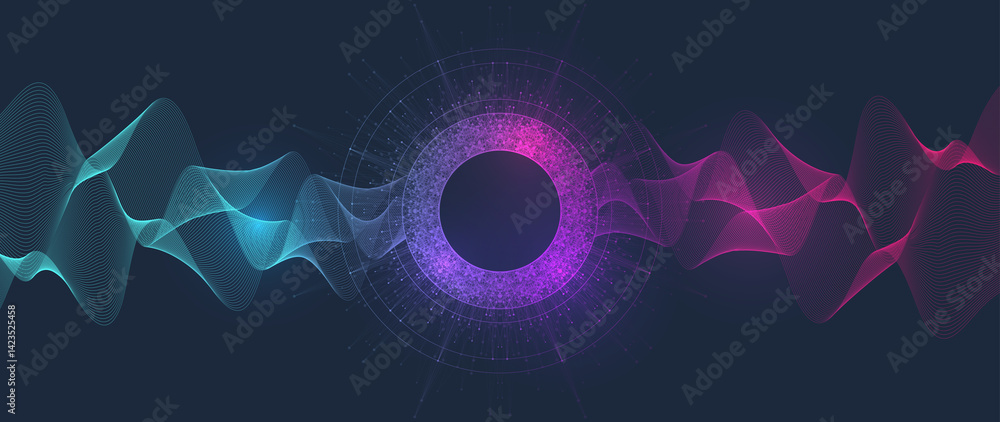 Fototapete Scientific illustration quantum computer technology. Plexus fiction effect. Deep learning artificial intelligence. Big data algorithms visualization. Quantum explosion background.