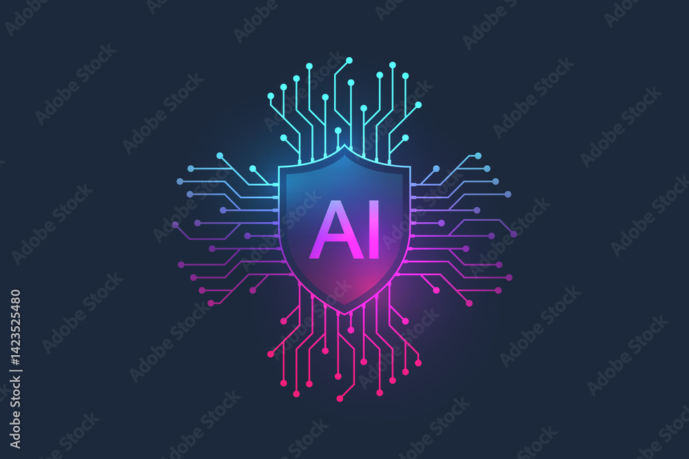 Poster AI Banner Concept In The Digital Style. Generative Ideas Design Element For Internet Technology. Futuristic Technology Concept Artificial Intelligence.