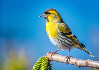 Obraz premium Siskin Bird on Birch Branch, Blue Sky Background - Wildlife Photography