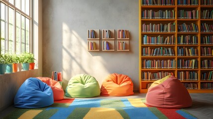 Cozy library corner in a school with books and beanbags