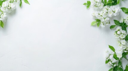 White flowers with green leaves arranged in a corner border on a clean white background, minimalist floral composition, and elegant and serene.