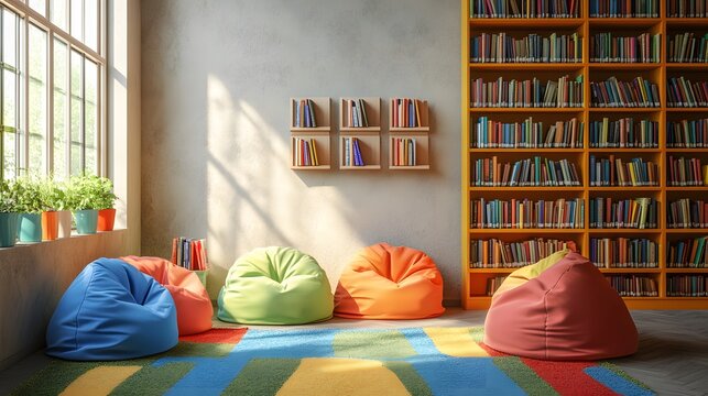 Cozy library corner in a school with books and beanbags